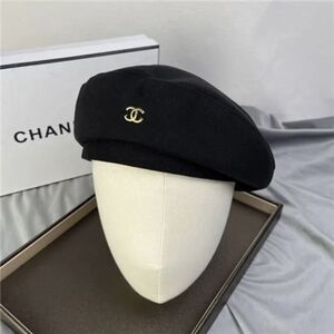 Chanel Gold CC Black Canvas Beret